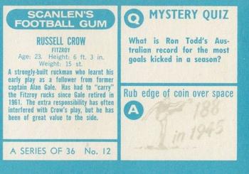 1965 Scanlens VFL #12 Russel Crow Back